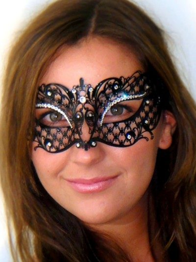 Adele Mask with Clear Swarovski Crystals made from Black Metal Lace