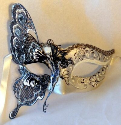 Butterfly Mask with Large Metal Lace Butterfly on White and Silver Mask